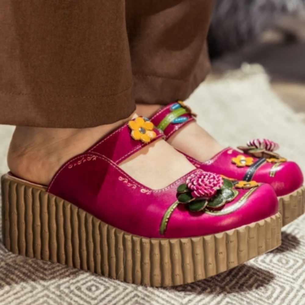 Soffia Pink Floral Leather Slip On Wedge Slide In Size 9 NWOT